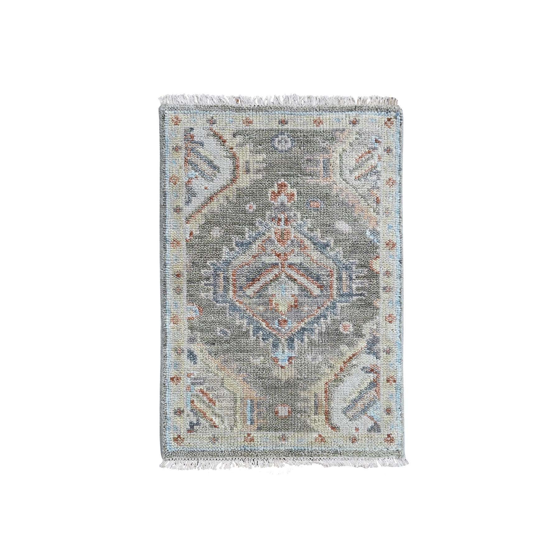 2'x3' Sage Green, Supple Collection, Oushak Design, Hand Knotted, Soft and Velvety Wool, Vegetable Dyes, Mat, Sample, Oriental Rug 